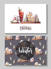 Merry Christmas greeting card set. Snow globe with snowman, decorative lamp houses, mulled wine.  Vector illustration for poster, banner, card, postcard, cover.