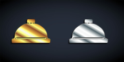 Gold and silver Covered with a tray of food icon isolated on black background. Tray and lid sign. Restaurant cloche with lid. Long shadow style. Vector
