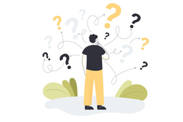 Man looking at question marks and choosing right option to achieve success. Process of making decision to reach goal flat vector illustration. Business development way, confusion, doubt concept - obrazy, fototapety, plakaty