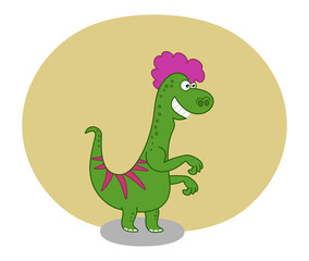 Smiling green lizard dinosaur with pink hair and yellow decoration