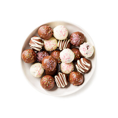 Luxury handmade chocolate truffle for happy  holiday days. top view , isolated on white background