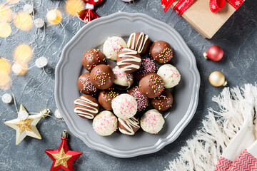 Luxury handmade chocolate truffle for happy  holiday days. top view