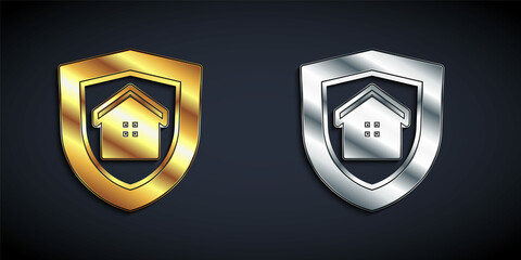 Gold and silver House with shield icon isolated on black background. Insurance concept. Security, safety, protection, protect concept. Long shadow style. Vector