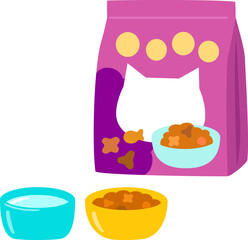 ドライタイプのキャットフードと飲み水のボウル