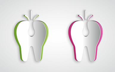 Paper cut Broken tooth icon isolated on grey background. Dental problem icon. Dental care symbol. Paper art style. Vector