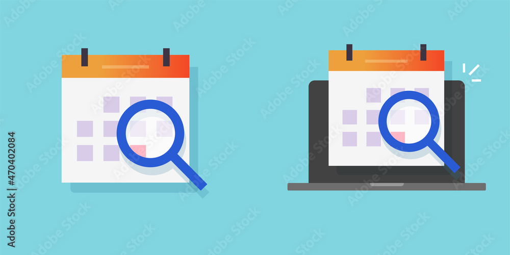 Poster online calendar appointment event search vector, deadline date plan exploring via magnifier on compu