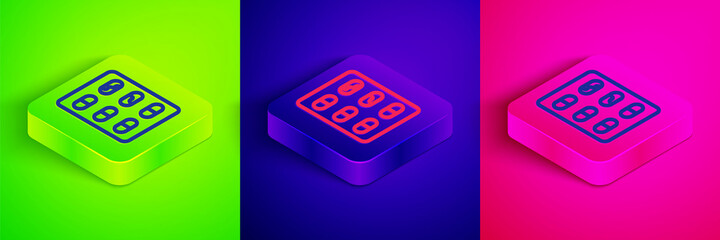 Isometric line Pills in blister pack icon isolated on green, blue and pink background. Medical drug package for tablet, vitamin, antibiotic, aspirin. Square button. Vector