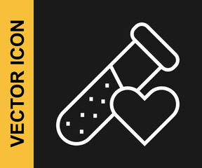 White line Test tube or flask with blood icon isolated on black background. Laboratory, chemical, scientific glassware sign. Vector