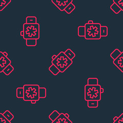 Red line Smart watch showing heart beat rate icon isolated seamless pattern on black background. Fitness App concept. Vector