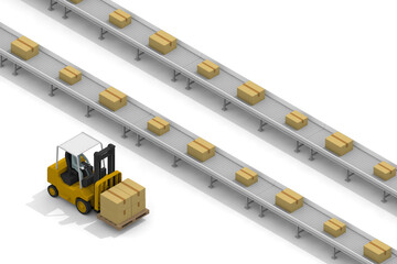 Work in a warehouse. Carry with a forklift. Lots of luggage. Belt conveyor assembly line work.