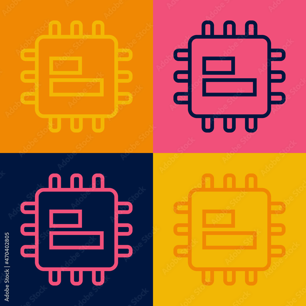 Poster pop art line computer processor with microcircuits cpu icon isolated on color background. chip or cp