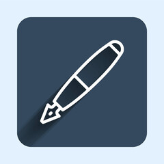 White line Fountain pen nib icon isolated with long shadow background. Pen tool sign. Blue square button. Vector