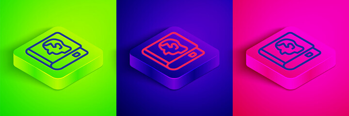 Fototapeta premium Isometric line Law book icon isolated on green, blue and pink background. Legal judge book. Judgment concept. Square button. Vector
