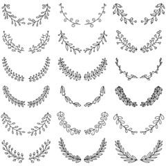 Vector illustration of hand drawn wreaths. Cute doodle floral wreath frame set.