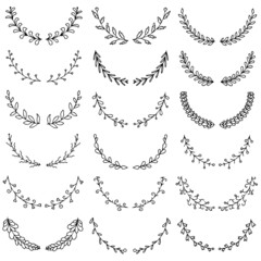 Vector illustration of hand drawn wreaths. Cute doodle floral wreath frame set.