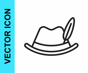 Black line Oktoberfest hat icon isolated on white background. Hunter hat with feather. German hat. Vector
