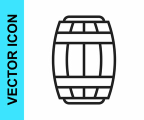 Black line Wooden barrel icon isolated on white background. Alcohol barrel, drink container, wooden keg for beer, whiskey, wine. Vector