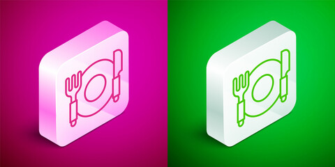 Isometric line Plate, fork and knife icon isolated on pink and green background. Cutlery symbol. Restaurant sign. Silver square button. Vector