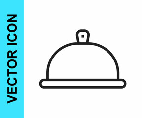 Black line Covered with a tray of food icon isolated on white background. Tray and lid sign. Restaurant cloche with lid. Vector
