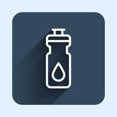 White line Fitness shaker icon isolated with long shadow background. Sports shaker bottle with lid for water and protein cocktails. Blue square button. Vector