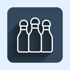 White line Bowling pin icon isolated with long shadow background. Blue square button. Vector