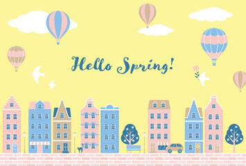 Obraz premium vector background with city landscape with colorful houses and hot air balloons for banners, cards, flyers, social media wallpapers, etc.