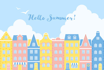 vector background with city landscape with colorful houses in summer for banners, cards, flyers, social media wallpapers, etc.