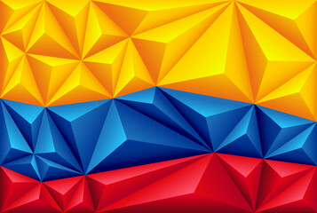 Abstract polygonal background with colorful yellow, blue and red stripes of the Colombian flag. Colombia polygonal flag.