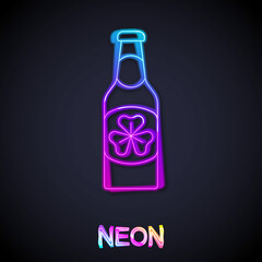 Glowing neon line Beer bottle with clover trefoil leaf icon isolated on black background. Happy Saint Patricks day. National Irish holiday. Vector