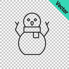 Black line Christmas snowman icon isolated on transparent background. Merry Christmas and Happy New Year. Vector