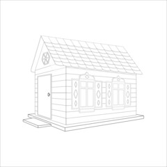 Vector 3D toy house with a door, 2 windows, tiled roof. Black and white outline illustration of a volumetric one-story house.