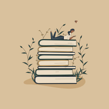 Concept:book is source of knowledge.Tiny african woman lying on stack of books and reading book.Pile of volumes surrounded by plants as symbol of education.For library or bookstore.Hand drawn raster