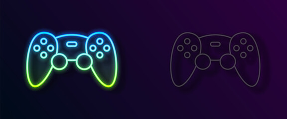 Glowing neon line Game controller or joystick for game console icon isolated on black background. Vector © Iryna
