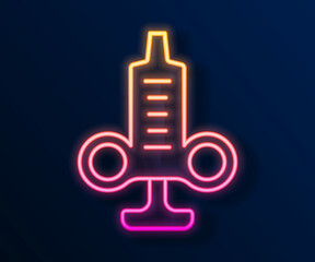 Glowing neon line Syringe icon isolated on black background. Syringe for vaccine, vaccination, injection, flu shot. Medical equipment. Vector