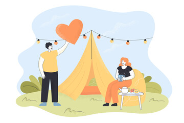 Couple having romantic trip in country to relax. Picnic holiday with accommodation in romantic tourist forest tent flat vector illustration. Glamping, camping, outdoor activity, leisure concept