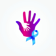 Baby's handprints on parents' hands with ribbon, Infant Protection Day, Child care, Cancer, Love family healthcare, Father's day concept panoramic banner, Motherhood, and care, Mother's Day,