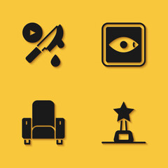 Set Thriller movie, Movie trophy, Cinema chair and Rating icon with long shadow. Vector