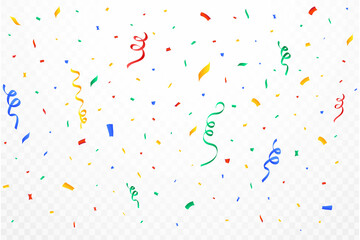 Realistic confetti background vector. Multicolor celebration confetti ribbon falling illustration. Colorful bright confetti isolated on transparent background. Festival elements. Birthday celebration.