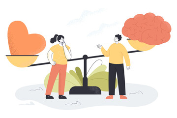 Tiny man and woman standing near scales with brain and heart. Thinking and choosing between feelings and mind, gut instincts and logic flat vector illustration. Intuition and logic balance concept