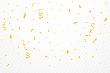 Realistic confetti background vector. Golden celebration confetti ribbon falling illustration. Golden bright confetti isolated on transparent background. Festival elements. Birthday celebration.