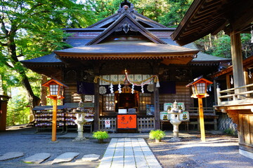 Fototapeta na wymiar Pavilion at Arakura Fujisengen-jinja Shrine in Yamanashi, Japan - 日本 山梨県 新倉富士浅間神社 本殿