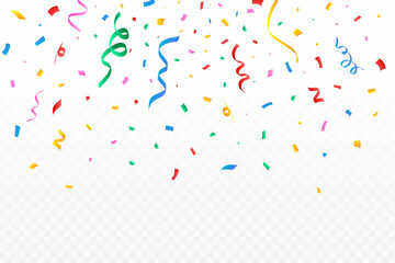 Confetti illustration for the festival background. Colorful party ribbon and confetti falling. Golden confetti isolated on transparent background. Carnival elements. Birthday celebration.