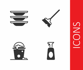 Set Cleaning spray with detergent, Washing dishes, Bucket foam and bubbles and Mop icon. Vector