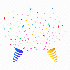 Obraz premium Confetti vector with party cap for festival background. Confetti and ribbon explosion background. Red, green, golden, blue confetti on transparent background. Event and party Celebration.