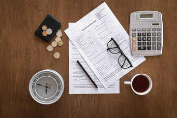 Visa application form on a wooden table, visa processing, registration, flat lay