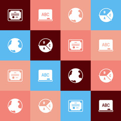 Set pop art Certificate template, Chalkboard, Earth globe and Pie chart infographic icon. Vector