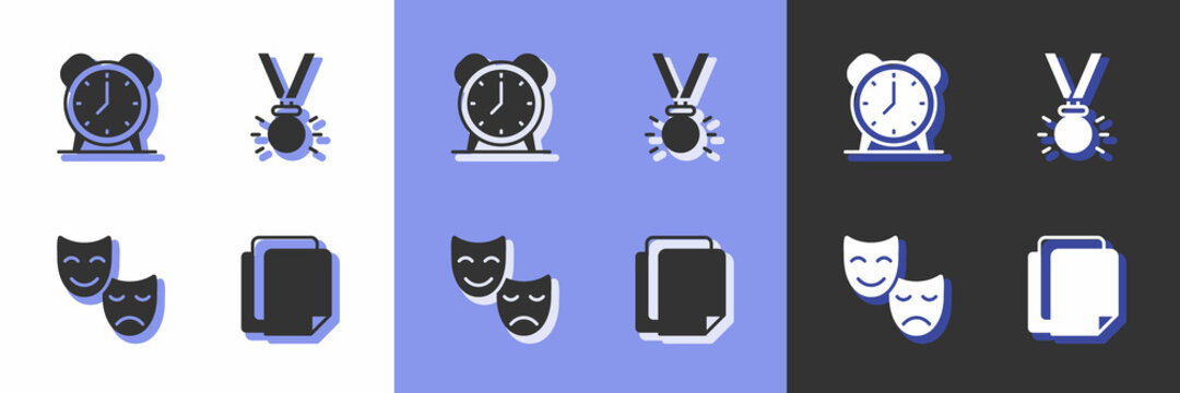 Set File document, Alarm clock, Comedy and tragedy masks and Medal icon. Vector