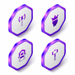 Set Isometric Medieval poleaxe, King crown, throne and Battle hammer icon. Purple hexagon button. Vector