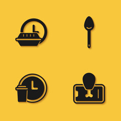 Set Round the clock delivery, Food ordering on mobile, and Spoon icon with long shadow. Vector