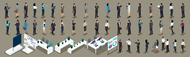 Isometric set of 3D businessmen and office furniture. Front and back view. Masked characters during the pandemic